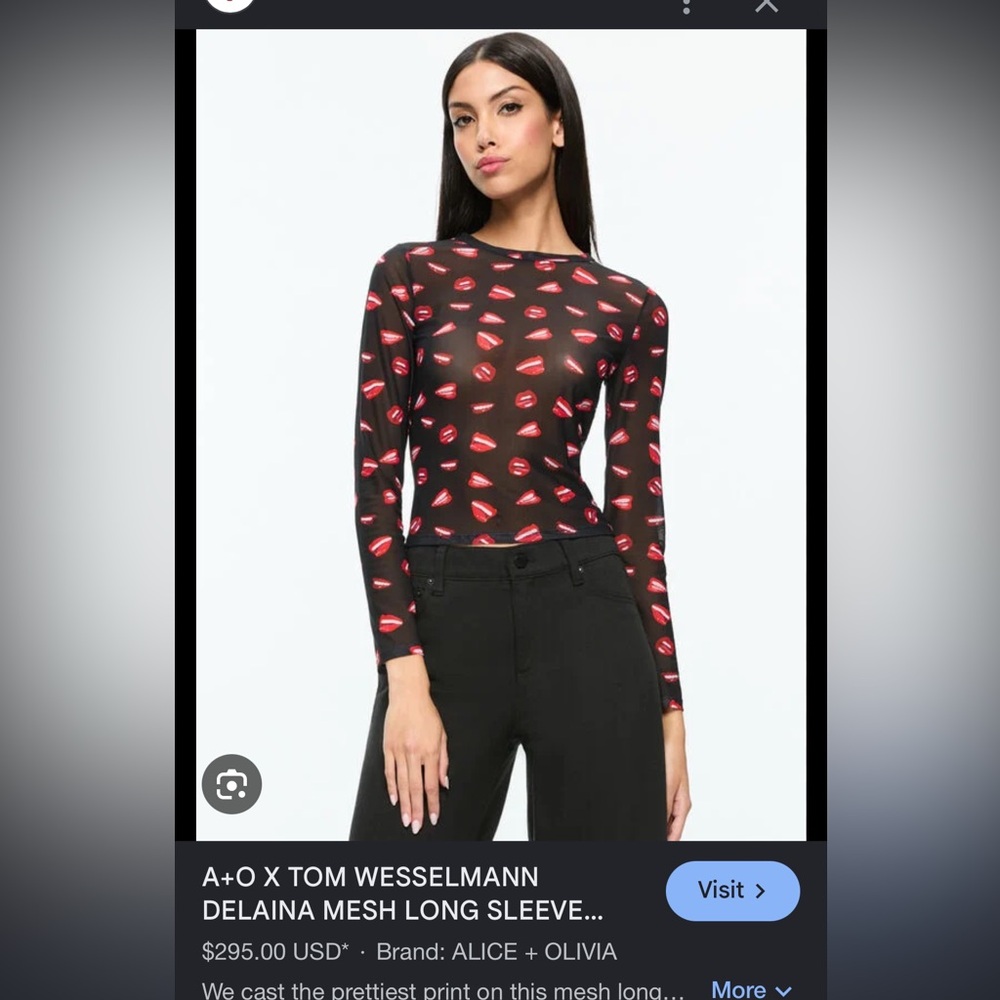 Alice + Olivia Black Mesh Long-Sleeve Top with Red Lip Print